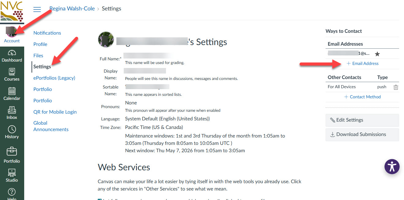Screen capture of Canvas user account settings