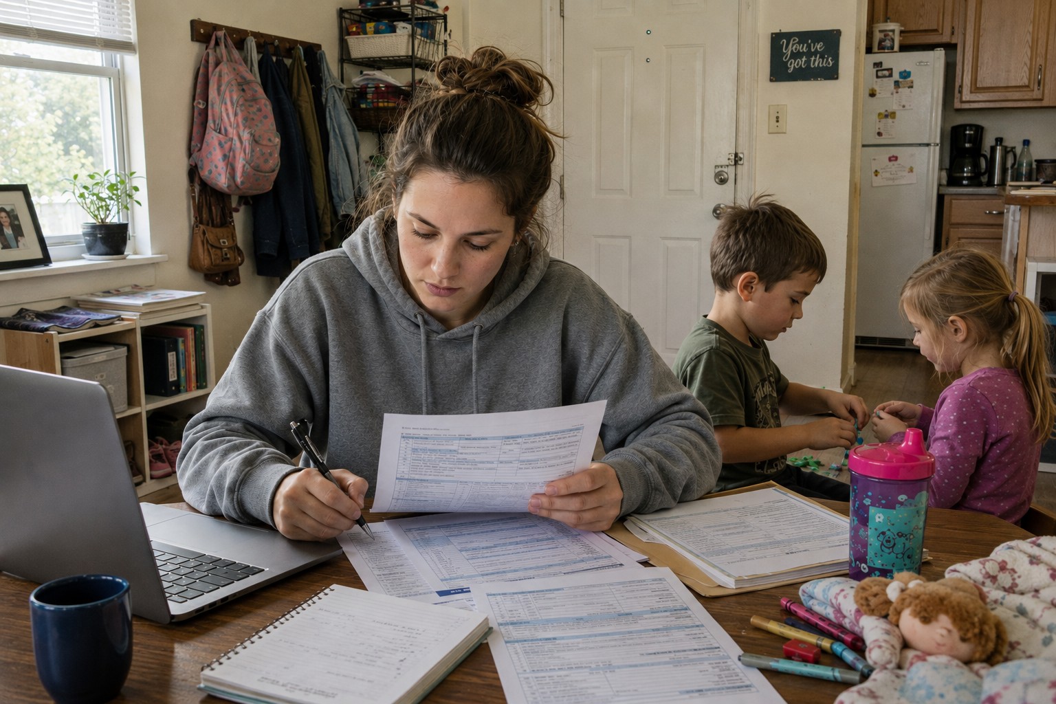 Woman with children works on documents