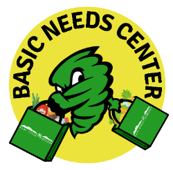 NVC mascot with grocery bags with the label Basic Needs Center