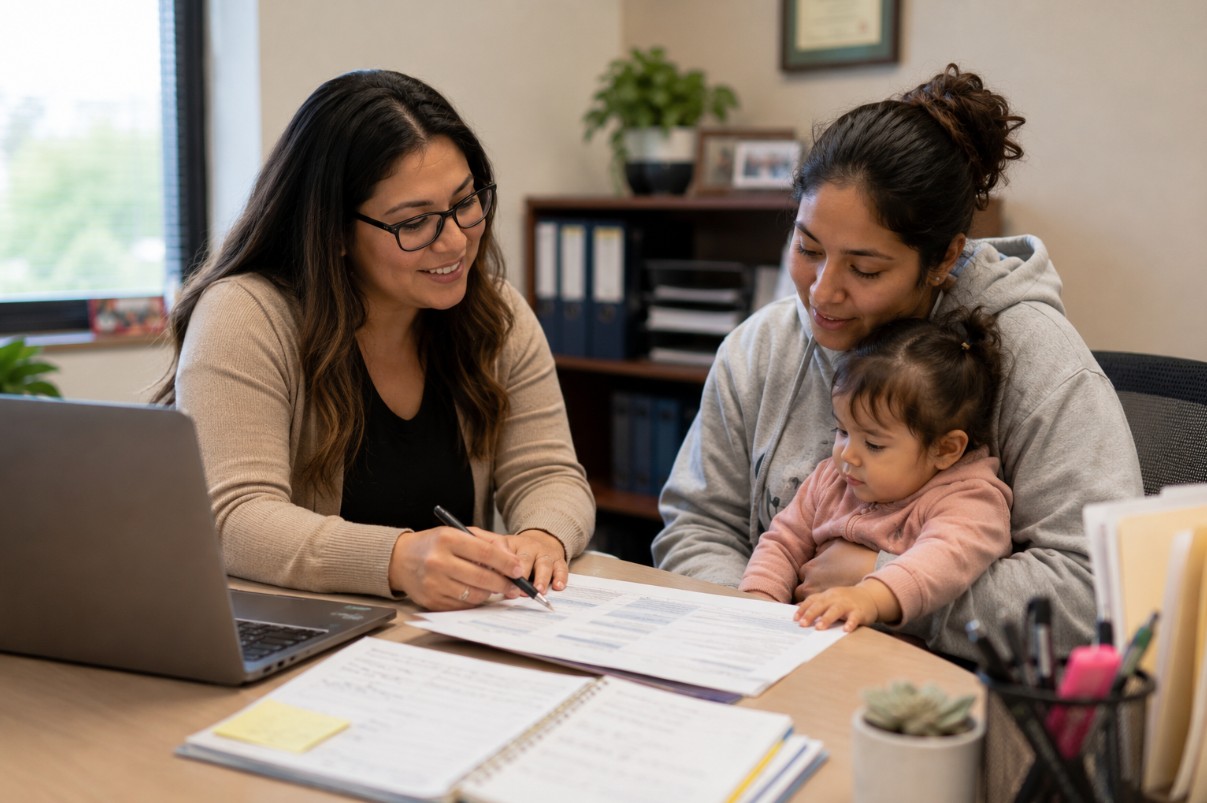 Woman with child looks at paperwork with employee